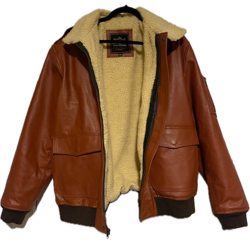 Genuine Leather Bomber Jacket with Sherpa Lining + Bottom & Sleeve Cuffing